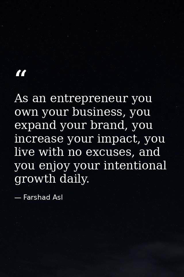 As an entrepreneur you own your business, you expand your brand, you increase your impact, you live with no excuses, and — Farshad Asl
