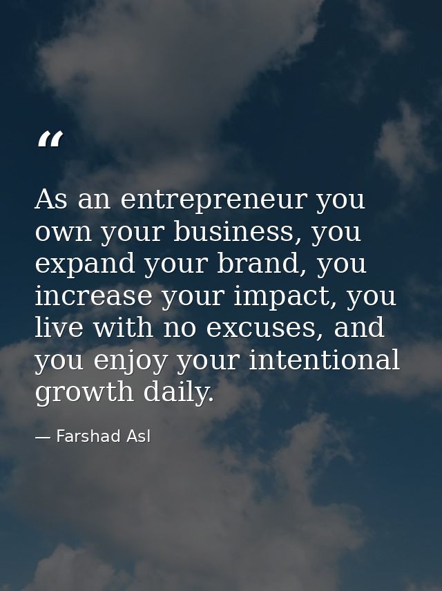 As an entrepreneur you own your business, you expand your brand, you increase your impact, you live with no excuses, and — Farshad Asl
