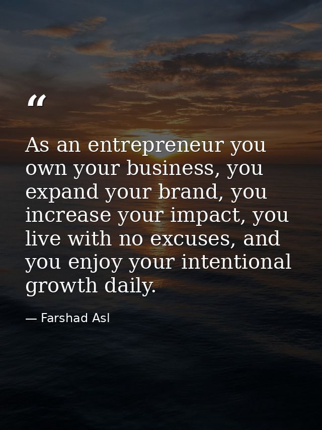 As an entrepreneur you own your business, you expand your brand, you increase your impact, you live with no excuses, and — Farshad Asl