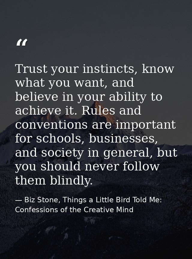 Trust your instincts, know what you want, and believe in your ability to achieve it. Rules and conventions are important — Biz Stone, Things a Little Bird Told Me: Confessions of the Creative Mind