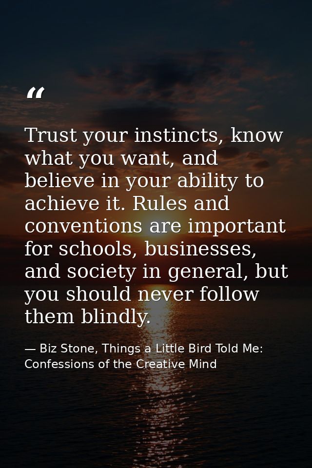Trust your instincts, know what you want, and believe in your ability to achieve it. Rules and conventions are important — Biz Stone, Things a Little Bird Told Me: Confessions of the Creative Mind