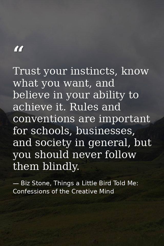 Trust your instincts, know what you want, and believe in your ability to achieve it. Rules and conventions are important — Biz Stone, Things a Little Bird Told Me: Confessions of the Creative Mind