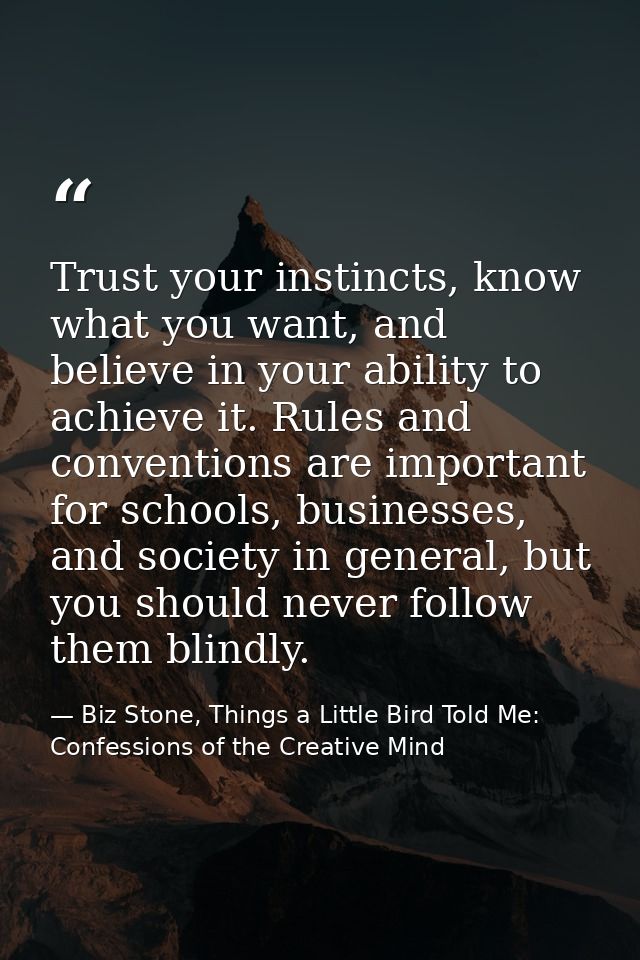 Trust your instincts, know what you want, and believe in your ability to achieve it. Rules and conventions are important — Biz Stone, Things a Little Bird Told Me: Confessions of the Creative Mind