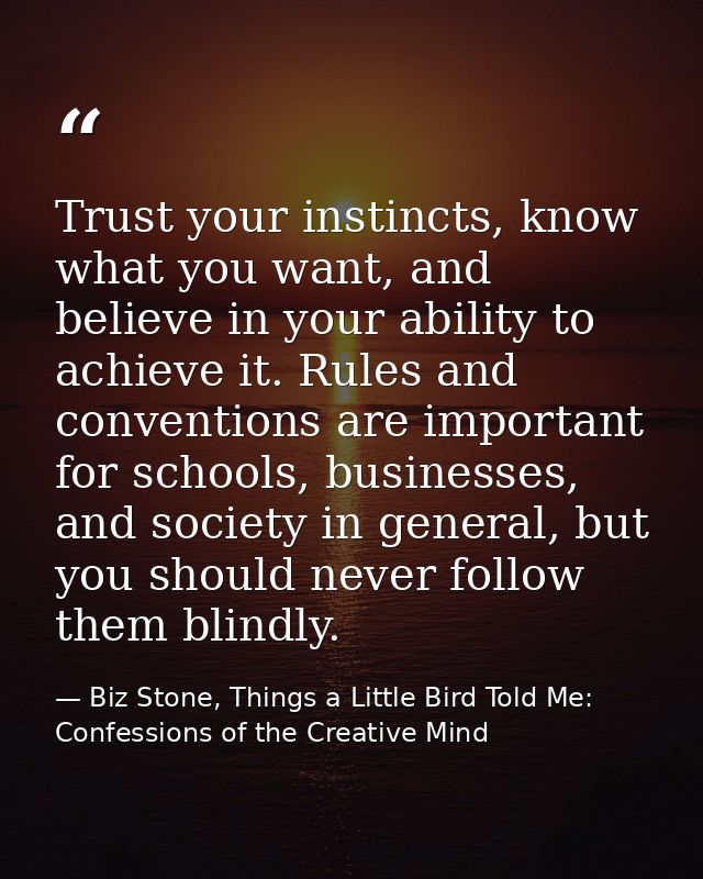 Trust your instincts, know what you want, and believe in your ability to achieve it. Rules and conventions are important — Biz Stone, Things a Little Bird Told Me: Confessions of the Creative Mind