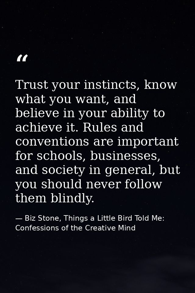 Trust your instincts, know what you want, and believe in your ability to achieve it. Rules and conventions are important — Biz Stone, Things a Little Bird Told Me: Confessions of the Creative Mind