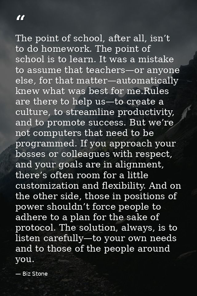 The point of school, after all, isn’t to do homework. The point of school is to learn. It was a mistake to assume that t — Biz Stone