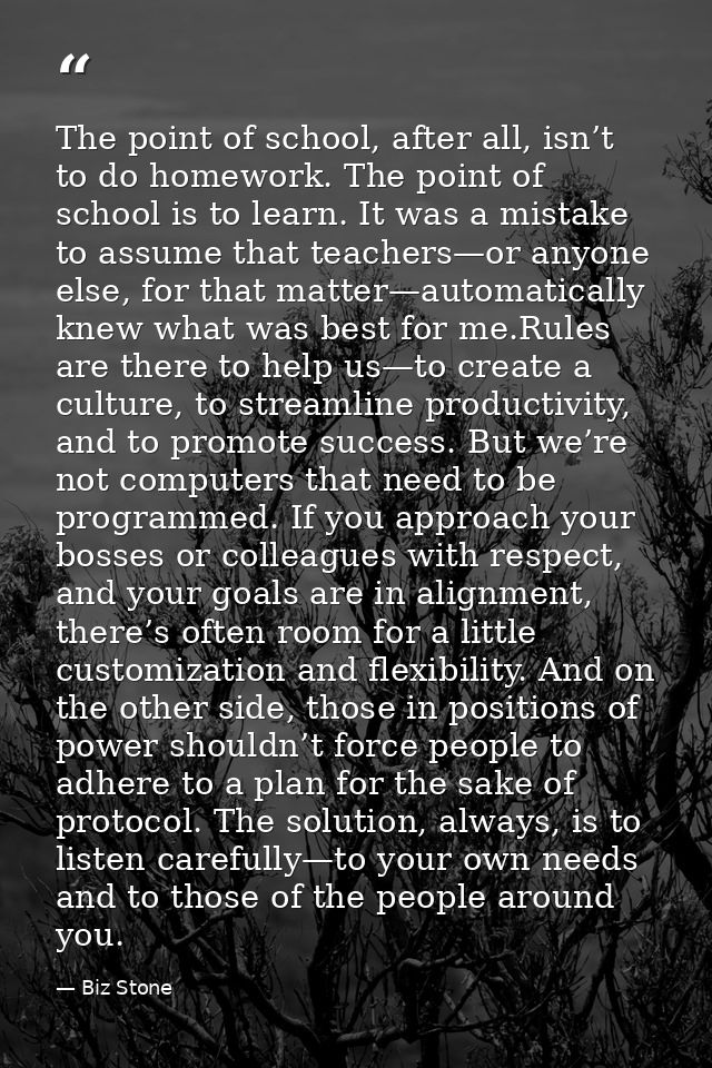 The point of school, after all, isn’t to do homework. The point of school is to learn. It was a mistake to assume that t — Biz Stone