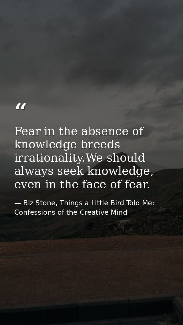 Fear in the absence of knowledge breeds irrationality.We should always seek knowledge, even in the face of fear. — Biz Stone, Things a Little Bird Told Me: Confessions of the Creative Mind