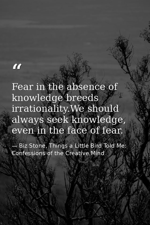 Fear in the absence of knowledge breeds irrationality.We should always seek knowledge, even in the face of fear. — Biz Stone, Things a Little Bird Told Me: Confessions of the Creative Mind