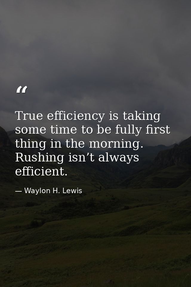 True efficiency is taking some time to be fully first thing in the morning. Rushing isn’t always efficient. — Waylon H. Lewis