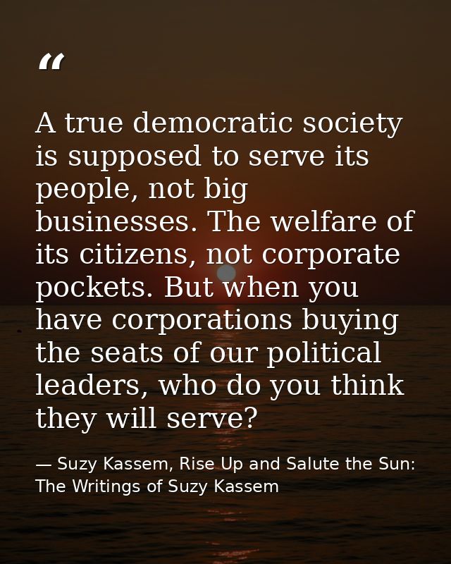 A true democratic society is supposed to serve its people, not big businesses. The welfare of its citizens, not corporat — Suzy Kassem, Rise Up and Salute the Sun: The Writings of Suzy Kassem
