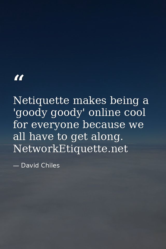 Netiquette makes being a 'goody goody' online cool for everyone because we all have to get along. NetworkEtiquette.net — David Chiles