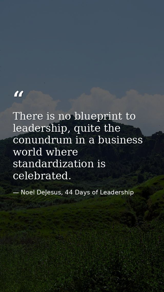 There is no blueprint to leadership, quite the conundrum in a business world where standardization is celebrated. — Noel DeJesus, 44 Days of Leadership