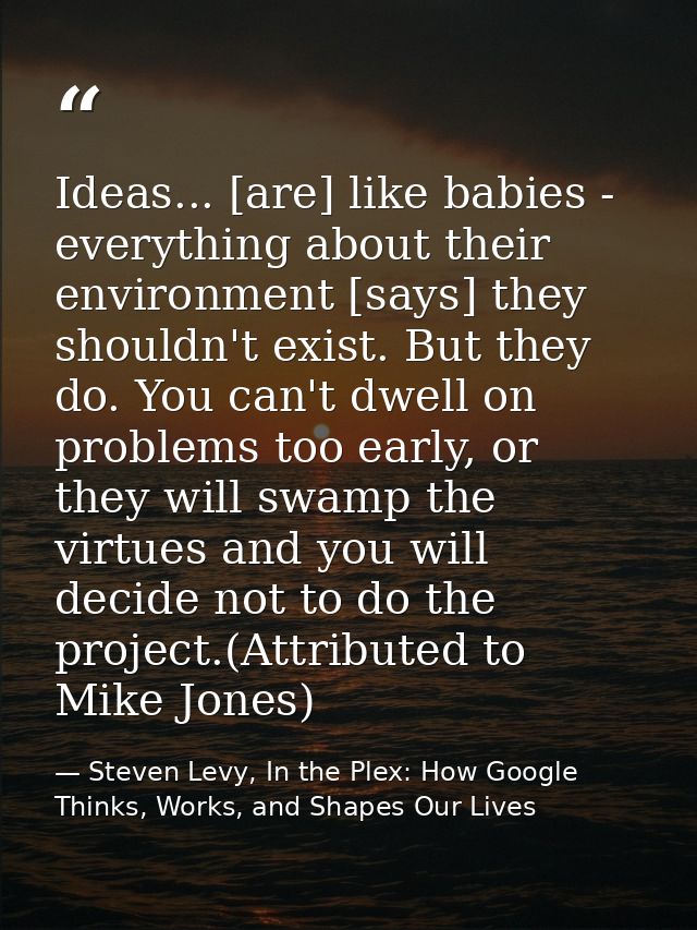 Ideas... [are] like babies - everything about their environment [says] they shouldn't exist. But they do. You can't dwel — Steven Levy, In the Plex: How Google Thinks, Works, and Shapes Our Lives