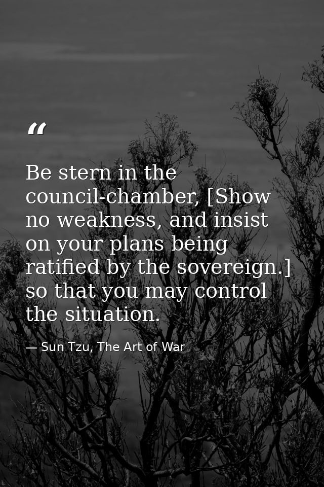 Be stern in the council-chamber, [Show no weakness, and insist on your plans being ratified by the sovereign.] so that y — Sun Tzu, The Art of War