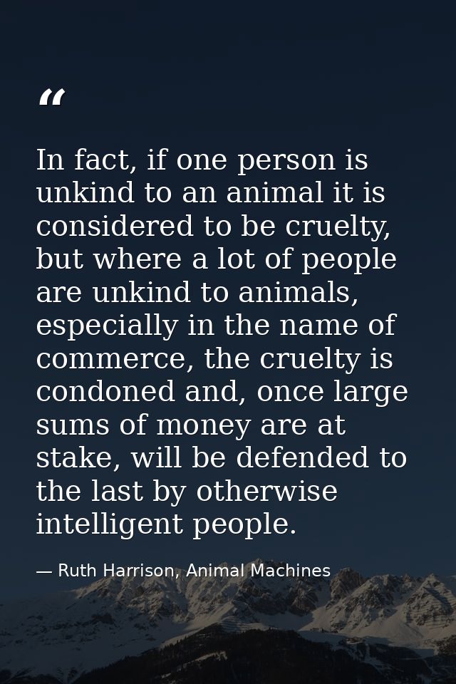 In fact, if one person is unkind to an animal it is considered to be cruelty, but where a lot of people are unkind to an — Ruth Harrison, Animal Machines