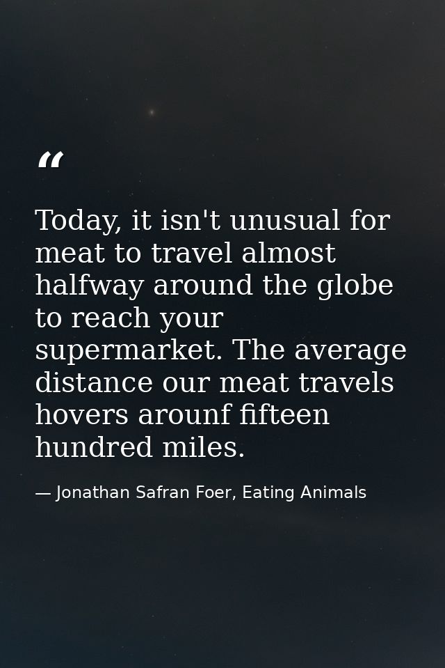Today, it isn't unusual for meat to travel almost halfway around the globe to reach your supermarket. The average distan — Jonathan Safran Foer, Eating Animals