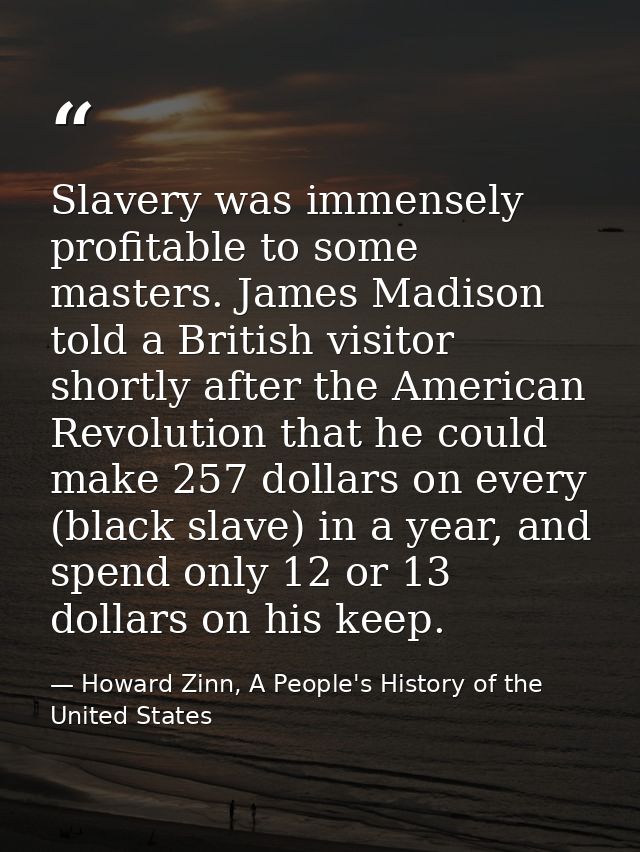 Slavery was immensely profitable to some masters. James Madison told a British visitor shortly after the American Revolu — Howard Zinn, A People's History of the United States