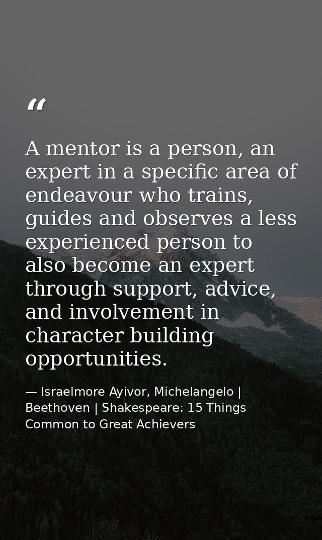 A mentor is a person, an expert in a specific area of endeavour who trains, guides and observes a less experienced perso — Israelmore Ayivor, Michelangelo | Beethoven | Shakespeare: 15 Things Common to Great Achievers