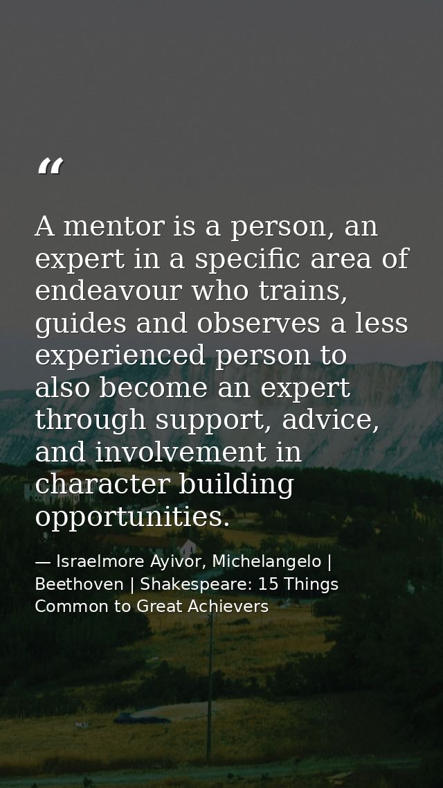 A mentor is a person, an expert in a specific area of endeavour who trains, guides and observes a less experienced perso — Israelmore Ayivor, Michelangelo | Beethoven | Shakespeare: 15 Things Common to Great Achievers
