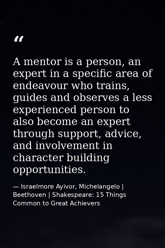A mentor is a person, an expert in a specific area of endeavour who trains, guides and observes a less experienced perso — Israelmore Ayivor, Michelangelo | Beethoven | Shakespeare: 15 Things Common to Great Achievers