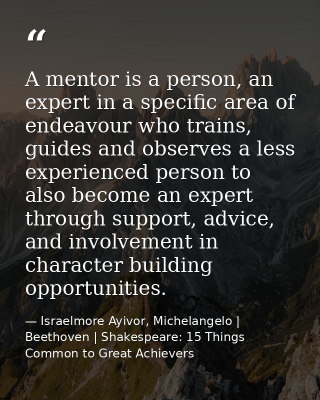 A mentor is a person, an expert in a specific area of endeavour who trains, guides and observes a less experienced perso — Israelmore Ayivor, Michelangelo | Beethoven | Shakespeare: 15 Things Common to Great Achievers
