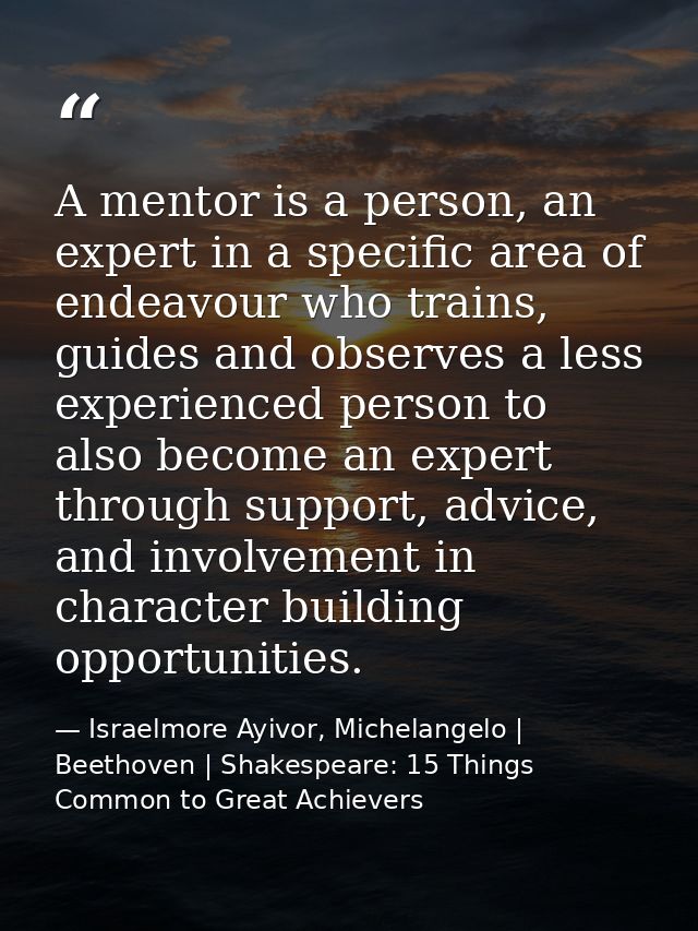 A mentor is a person, an expert in a specific area of endeavour who trains, guides and observes a less experienced perso — Israelmore Ayivor, Michelangelo | Beethoven | Shakespeare: 15 Things Common to Great Achievers