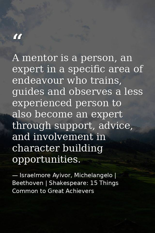A mentor is a person, an expert in a specific area of endeavour who trains, guides and observes a less experienced perso — Israelmore Ayivor, Michelangelo | Beethoven | Shakespeare: 15 Things Common to Great Achievers