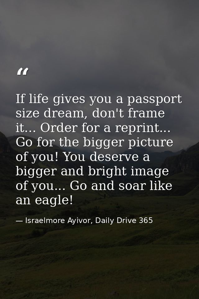 If life gives you a passport size dream, don't frame it... Order for a reprint... Go for the bigger picture of you! You  — Israelmore Ayivor, Daily Drive 365