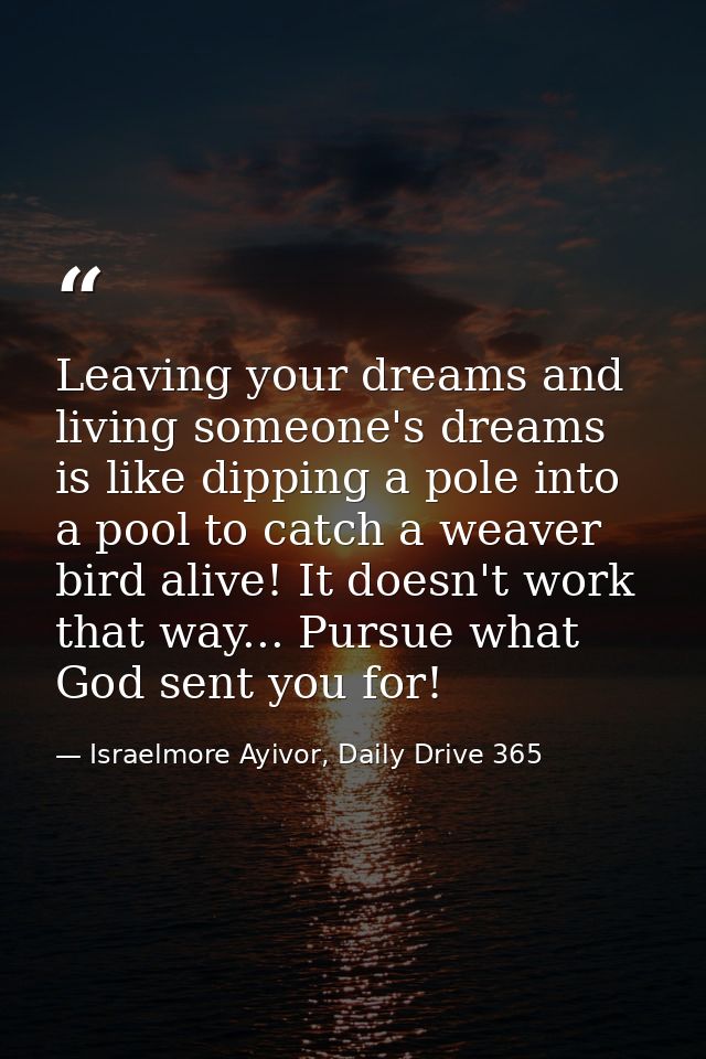 Leaving your dreams and living someone's dreams is like dipping a pole into a pool to catch a weaver bird alive! It does — Israelmore Ayivor, Daily Drive 365