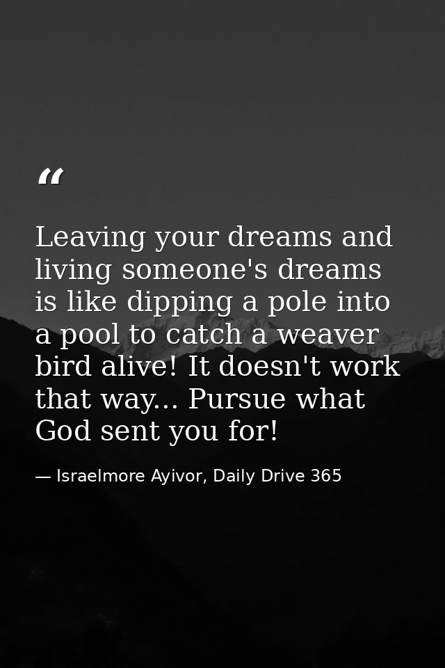 Leaving your dreams and living someone's dreams is like dipping a pole into a pool to catch a weaver bird alive! It does — Israelmore Ayivor, Daily Drive 365