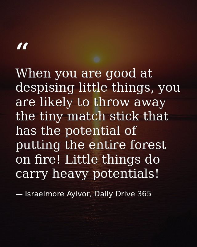 When you are good at despising little things, you are likely to throw away the tiny match stick that has the potential o — Israelmore Ayivor, Daily Drive 365