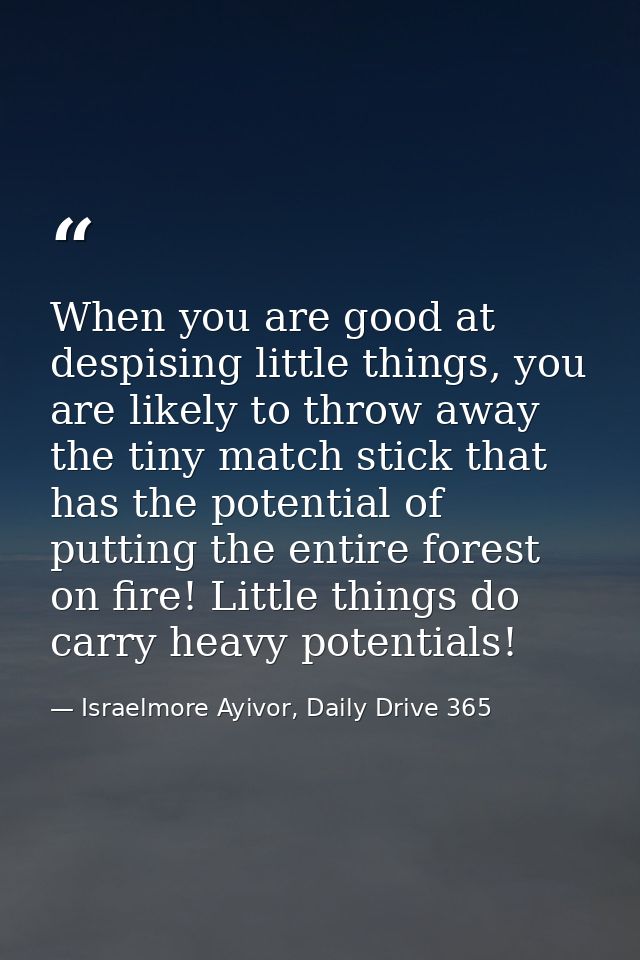 When you are good at despising little things, you are likely to throw away the tiny match stick that has the potential o — Israelmore Ayivor, Daily Drive 365