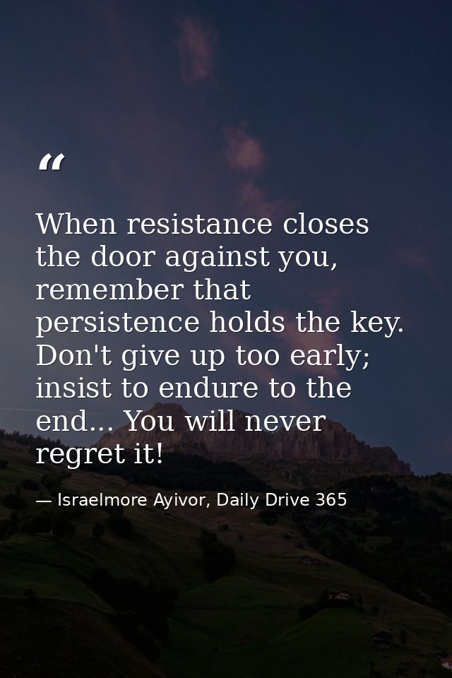 When resistance closes the door against you, remember that persistence holds the key. Don't give up too early; insist to — Israelmore Ayivor, Daily Drive 365