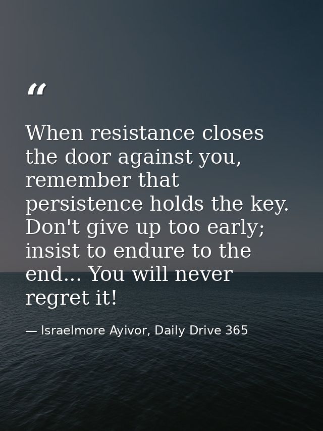 When resistance closes the door against you, remember that persistence holds the key. Don't give up too early; insist to — Israelmore Ayivor, Daily Drive 365