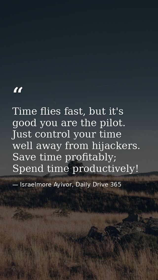 Time flies fast, but it's good you are the pilot. Just control your time well away from hijackers. Save time profitably; — Israelmore Ayivor, Daily Drive 365