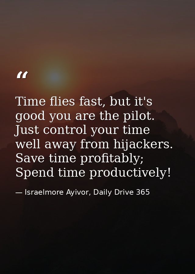 Time flies fast, but it's good you are the pilot. Just control your time well away from hijackers. Save time profitably; — Israelmore Ayivor, Daily Drive 365