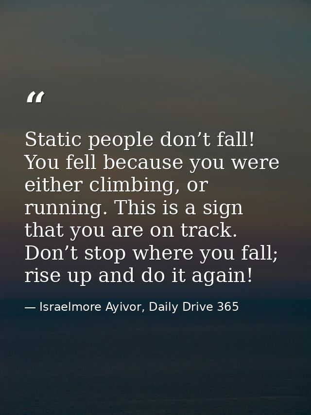 Static people don’t fall! You fell because you were either climbing, or running. This is a sign that you are on track. D — Israelmore Ayivor, Daily Drive 365
