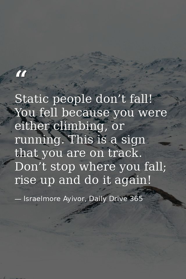 Static people don’t fall! You fell because you were either climbing, or running. This is a sign that you are on track. D — Israelmore Ayivor, Daily Drive 365