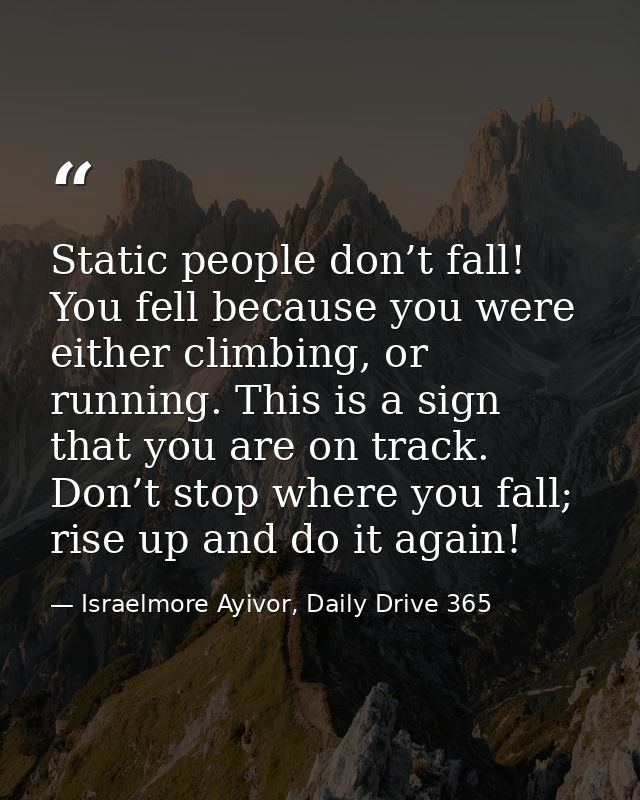 Static people don’t fall! You fell because you were either climbing, or running. This is a sign that you are on track. D — Israelmore Ayivor, Daily Drive 365