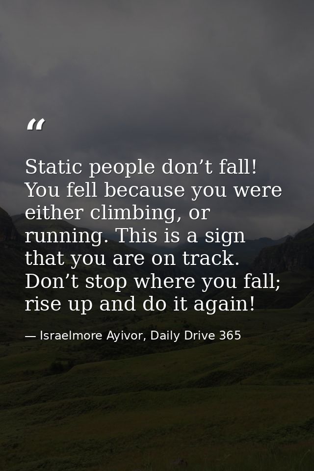 Static people don’t fall! You fell because you were either climbing, or running. This is a sign that you are on track. D — Israelmore Ayivor, Daily Drive 365