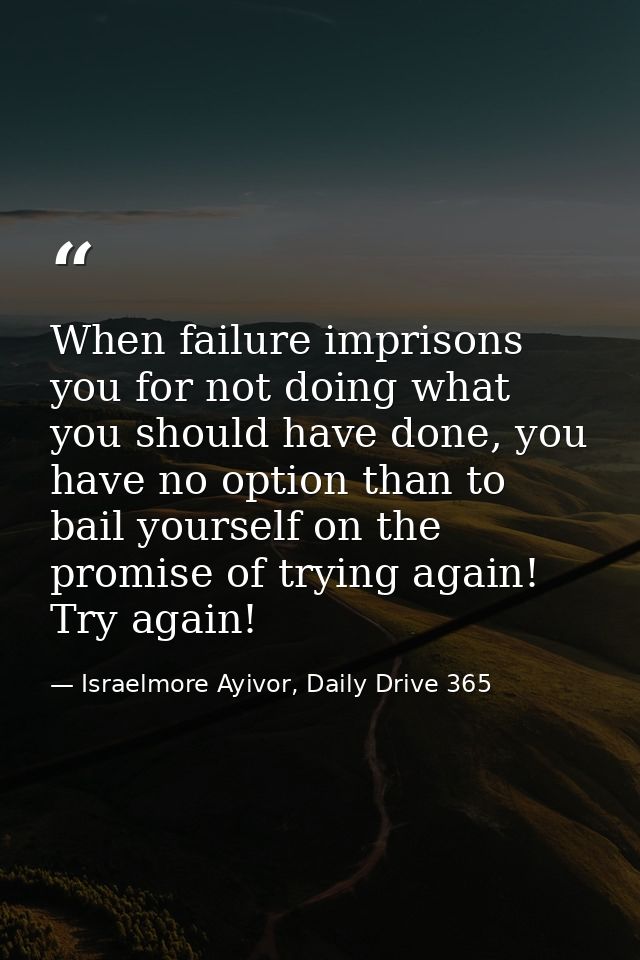 When failure imprisons you for not doing what you should have done, you have no option than to bail yourself on the prom — Israelmore Ayivor, Daily Drive 365