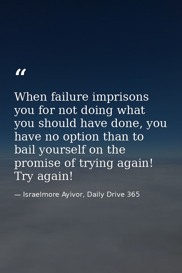 When failure imprisons you for not doing what you should have done, you have no option than to bail yourself on the prom — Israelmore Ayivor, Daily Drive 365