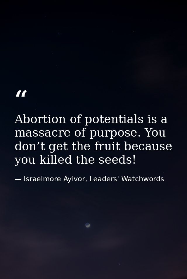 Abortion of potentials is a massacre of purpose. You don’t get the fruit because you killed the seeds! — Israelmore Ayivor, Leaders' Watchwords