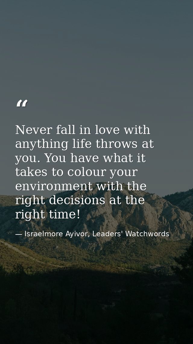 Never fall in love with anything life throws at you. You have what it takes to colour your environment with the right de — Israelmore Ayivor, Leaders' Watchwords