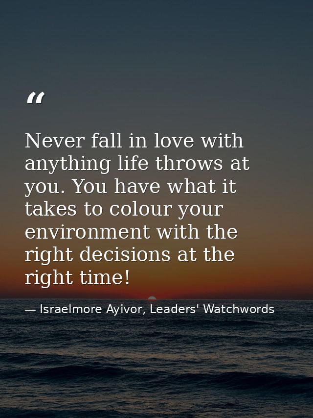 Never fall in love with anything life throws at you. You have what it takes to colour your environment with the right de — Israelmore Ayivor, Leaders' Watchwords
