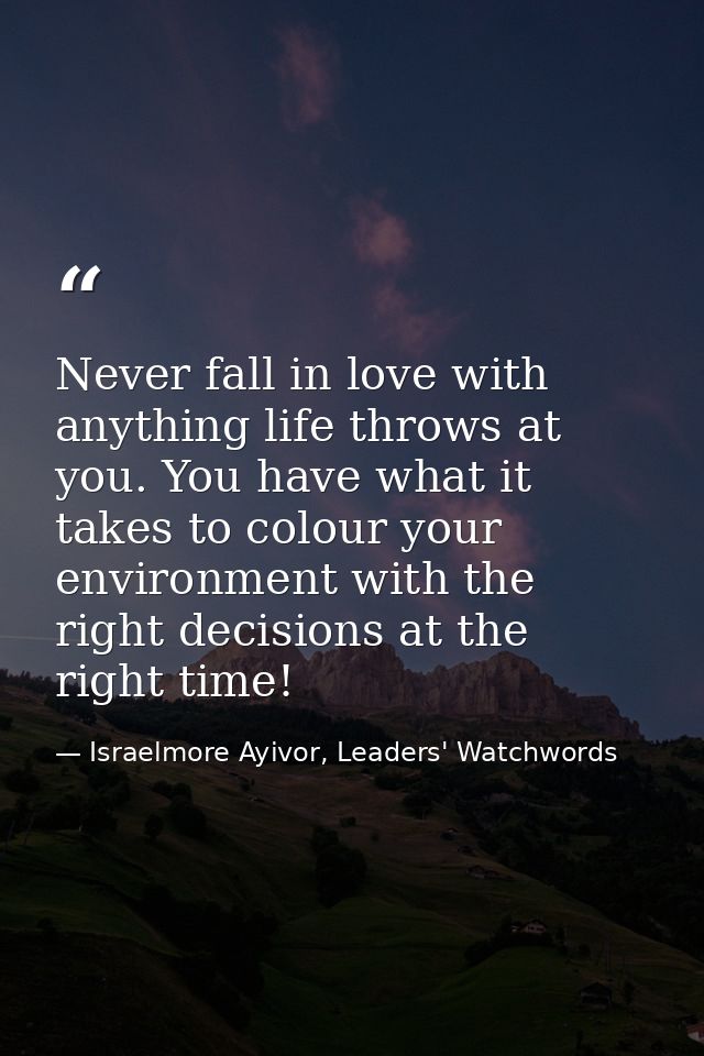 Never fall in love with anything life throws at you. You have what it takes to colour your environment with the right de — Israelmore Ayivor, Leaders' Watchwords