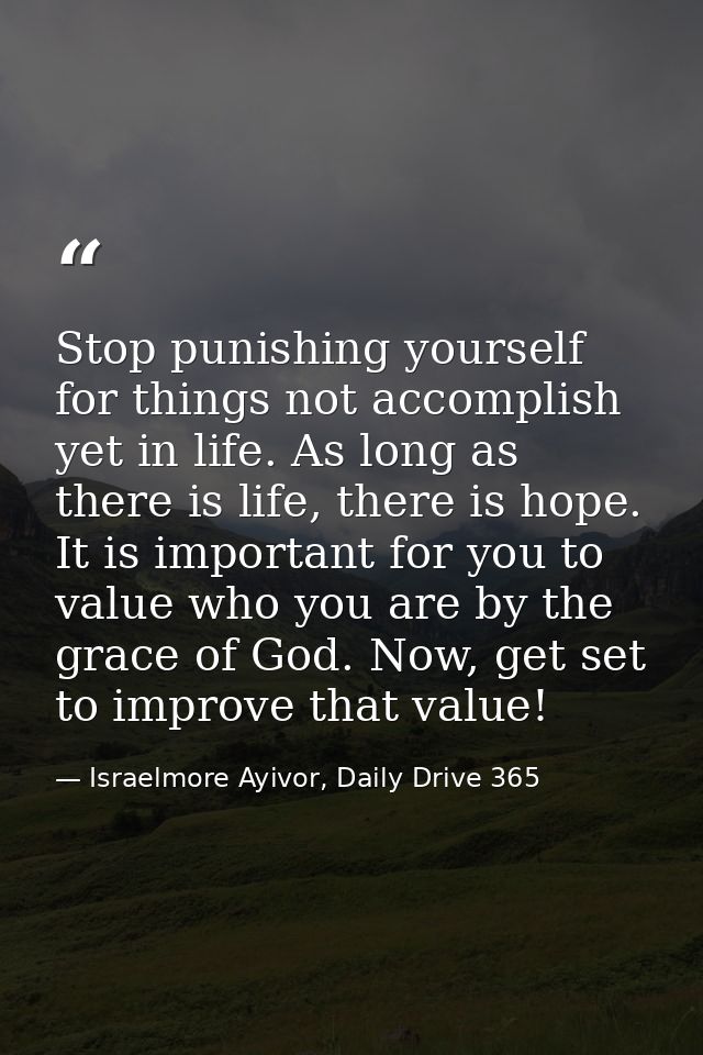 Stop punishing yourself for things not accomplish yet in life. As long as there is life, there is hope. It is important  — Israelmore Ayivor, Daily Drive 365