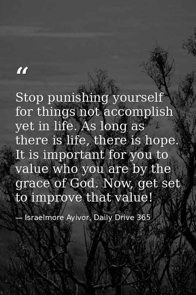 Stop punishing yourself for things not accomplish yet in life. As long as there is life, there is hope. It is important  — Israelmore Ayivor, Daily Drive 365