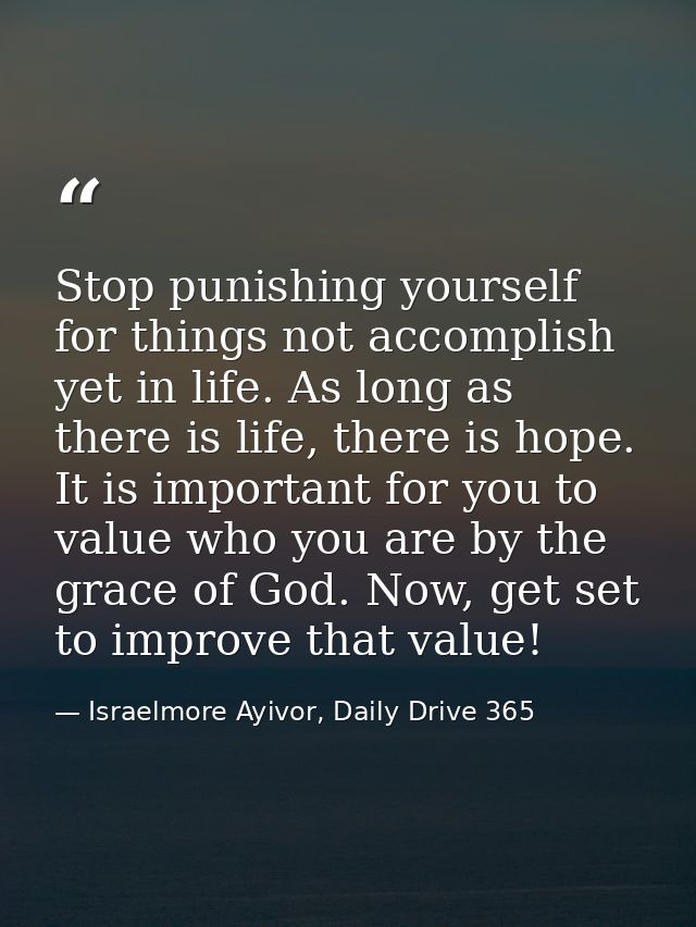Stop punishing yourself for things not accomplish yet in life. As long as there is life, there is hope. It is important  — Israelmore Ayivor, Daily Drive 365